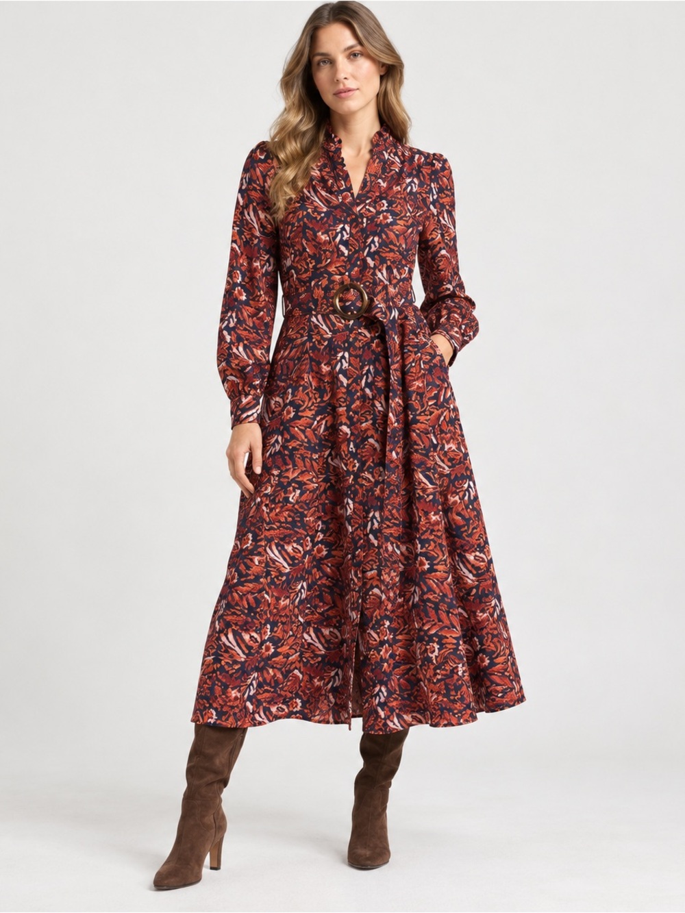 Caslon Ruffle Belted Long Sleeve Ikat Maxi Dress Navy Rust L NWT